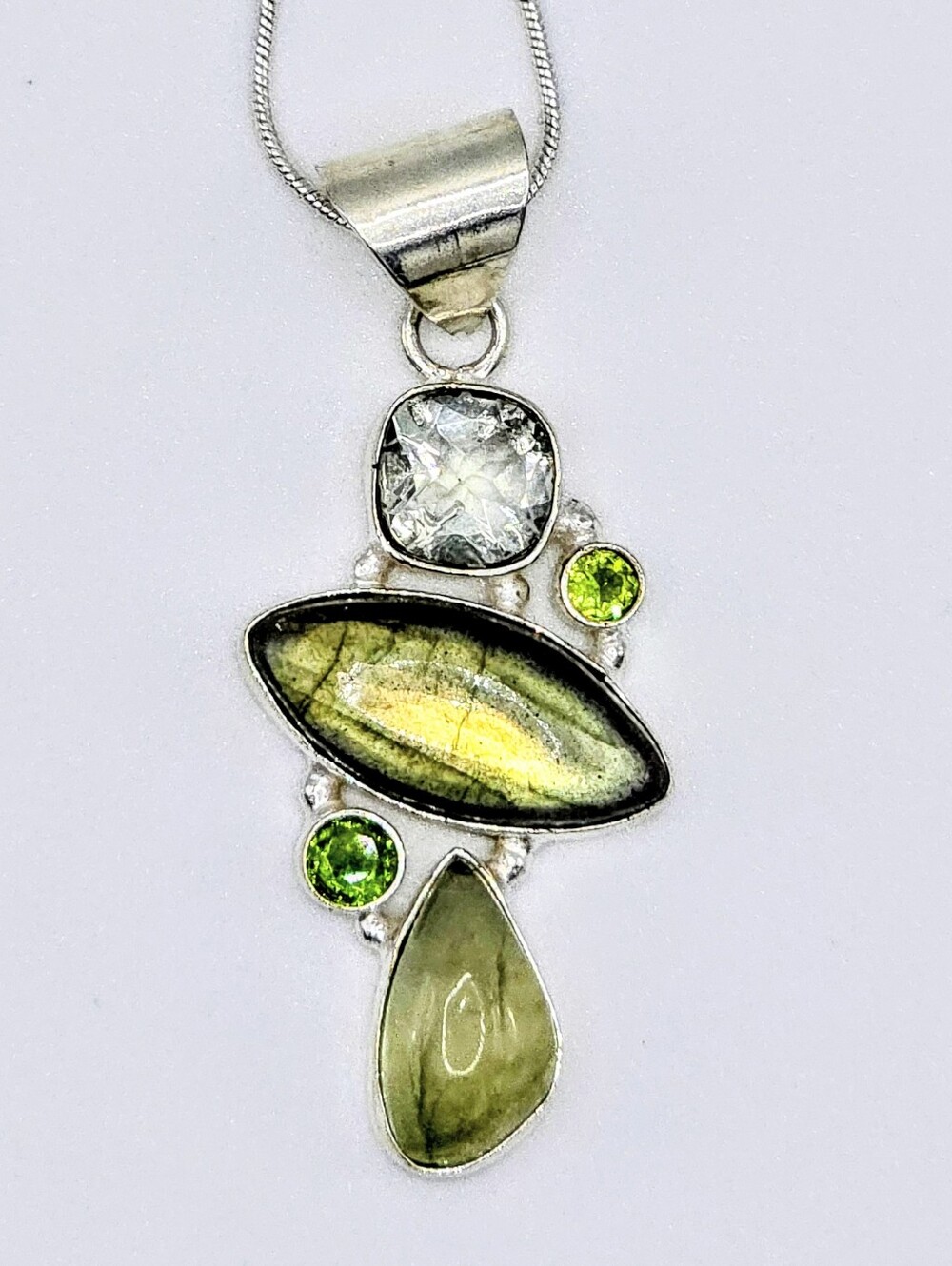 Labradorite, Peridot, & Moss Prehnite Pendant In 925 Sterling Silver (2.25")